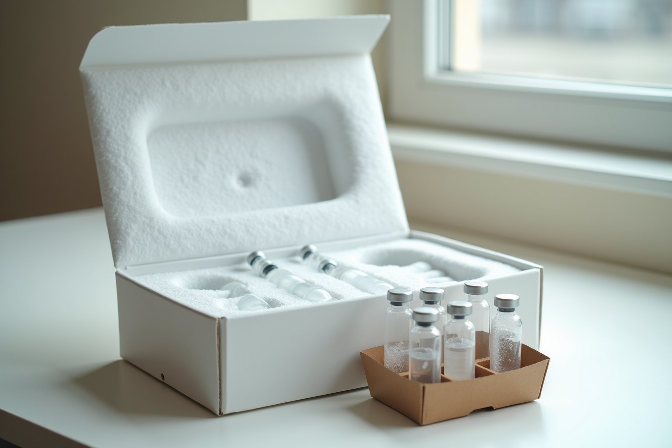 An open insulated shipping box with frozen gel packs and a tray of vials
