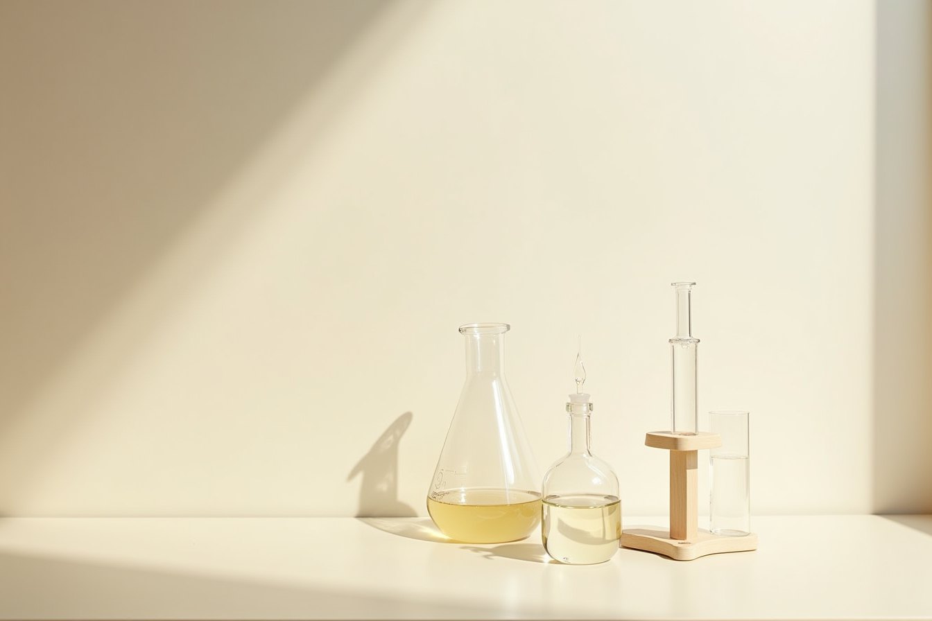 Laboratory glassware on a pale bench in soft window light