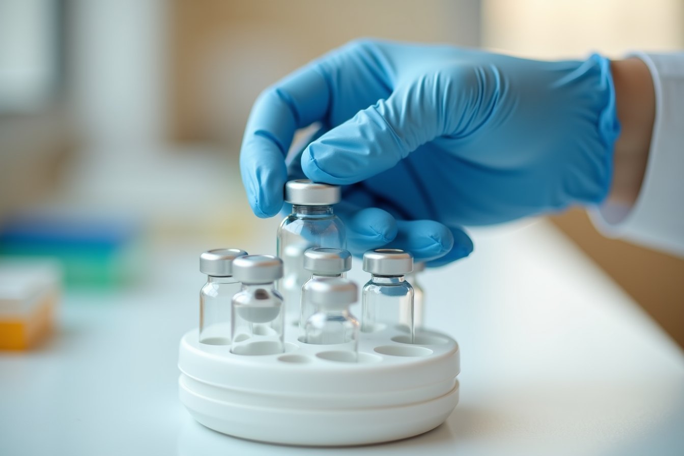A gloved hand placing a vial into a white rack on a laboratory bench