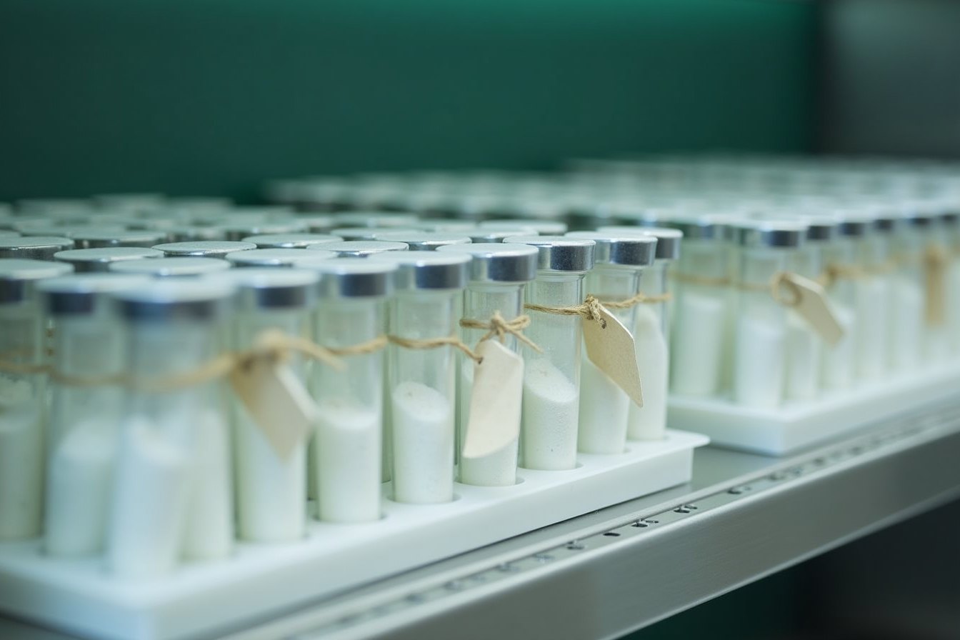 Rows of vials in white racks on a stainless steel laboratory shelf with blank batch tags